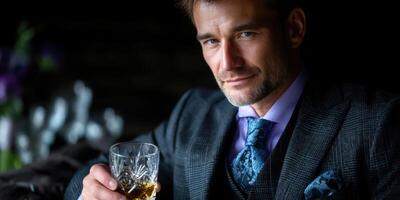 Man in formal attire holding a glass of whiskey in a dimly lit setting with elegant decor and a sophisticated ambiance photo