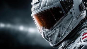 Astronaut helmet shines under dramatic lighting in an atmospheric space-themed setting photo