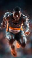 Athlete sprinting on the track during a competition at dusk in a stadium photo