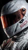 Racing driver in high-tech helmet prepares for an intense competition under studio lighting conditions photo