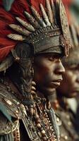 Traditional warrior in elaborate feathered headdress during cultural celebration in vibrant setting photo
