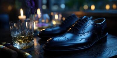 Elegant leather shoes paired with whiskey and cigars create a refined atmosphere for relaxation and conversation photo