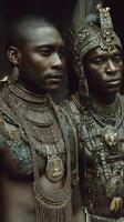 Cultural heritage shines through elaborate jewelry worn by two men in traditional attire during a ceremonial event photo