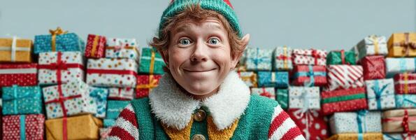 Joyful holiday elf surrounded by colorful wrapped gifts in a festive setting celebrating the spirit of Christmas photo