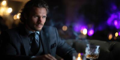 Nighttime elegance in a dimly lit lounge with a man in a suit enjoying a drink and reflecting thoughtfully photo