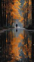 Person walking along a tranquil river in a forest with colorful autumn leaves photo