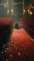 Cinematic atmosphere in an empty theater with sparkling lights and red velvet seating during an evening performance photo
