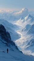 Snow-covered mountains with a river winding through valleys during twilight in an alpine landscape photo