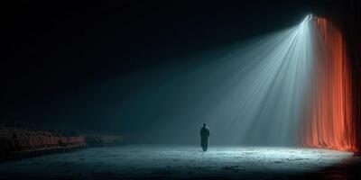 Performer standing alone on stage under spotlight in an empty theater, illustrating solitude and anticipation of a show photo