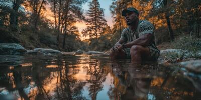 Man sitting in shallow water at sunset in a forested area reflecting on nature's beauty and tranquility photo