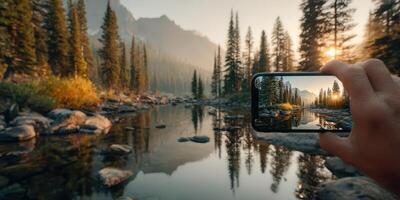 Capturing a tranquil sunrise reflection in a serene forest landscape near a river photo