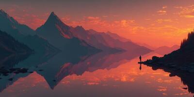 Breathtaking sunset view over a serene mountain lake reflects vivid colors and a solitary figure enjoying nature's beauty photo