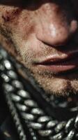 Close-up portrait of an expressive face adorned with jewelry, showcasing emotions and textures in candid moment photo