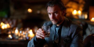 Elegant man enjoying whiskey in a cozy candlelit lounge during an evening gathering photo