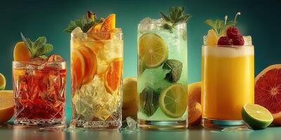 Refreshing summer cocktails served in elegant glasses with fresh fruits and herbs at a vibrant gathering photo
