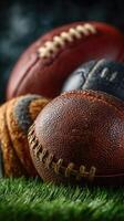 Collection of diverse footballs on green grass highlighting texture and detail under soft lighting photo
