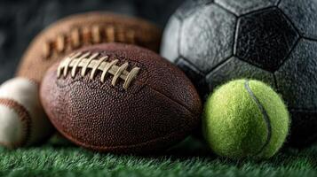 Variety of sports balls arranged on green turf during indoor activity session photo