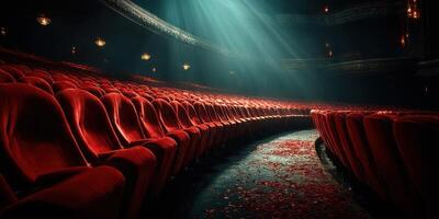 Empty theater with red velvet seats illuminated by sunlight during a quiet afternoon photo