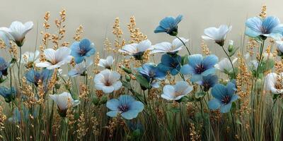 Beautiful blue and white flowers with golden grass in a serene natural setting during daytime hours photo