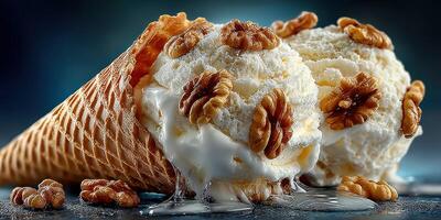 Creamy ice cream cone with walnuts melting in warm light on dark background photo