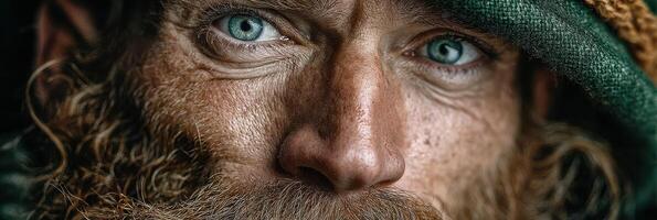 Close-up of a rugged man with piercing blue eyes and a thick beard, wearing a dark hood in a forest setting during twilight photo
