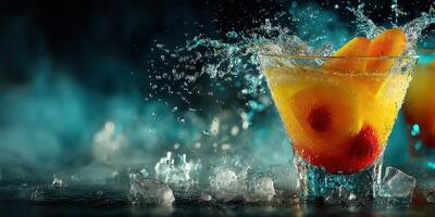 Refreshing cocktail splashes with vibrant fruits amid icy background at a lively bar setting photo