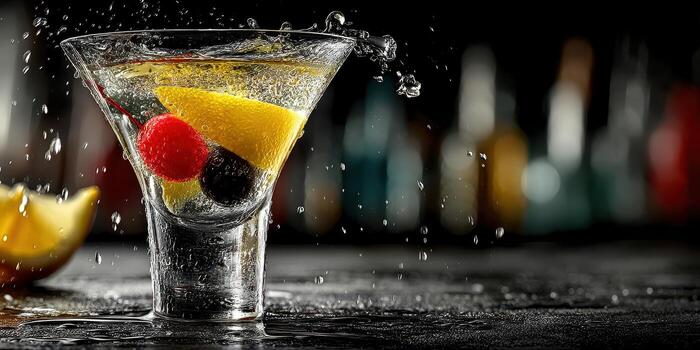 Refreshing cocktail with fruit garnishes splashes in a vibrant bar setting during evening hours photo