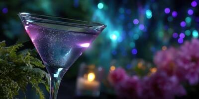Elegant cocktail in a glass with purple hue set against a vibrant, colorful background during an evening gathering photo