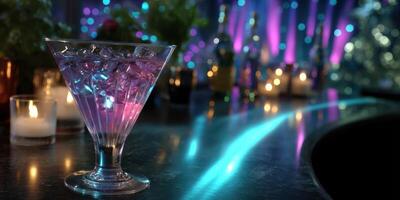 Colorful cocktail with ice at a trendy bar illuminated by vibrant lights in the evening photo