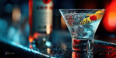 Colorful cocktail with ice and garnish served at a bar during the evening photo