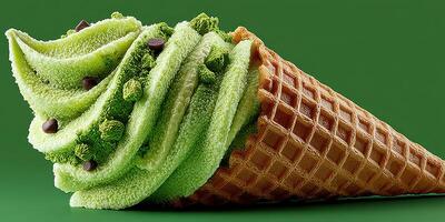 Bright green ice cream cone with chocolate chips and textured swirl design in a waffle cone photo