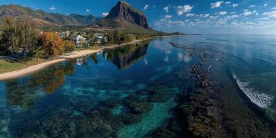 Stunning coastal view showcasing clear waters and mountains along the shoreline of a picturesque tropical paradise photo