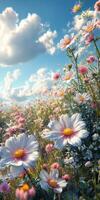 Colorful wildflower field under a bright sky filled with white clouds during a sunny day in springtime photo