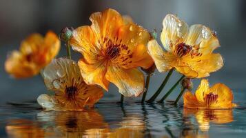 Vivid orange flowers with droplets floating gracefully on a serene water surface photo