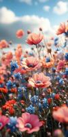 Colorful wildflower field blooms under a blue sky with fluffy clouds in a sunny landscape during springtime photo