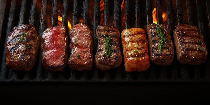 Various cuts of meat grill perfectly over an open flame with a smoky backdrop during a summer barbecue gathering photo