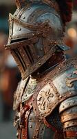 Intricate knight armor on display during a historical reenactment event in a medieval town square photo