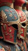 Intricately designed ancient Roman helmets displayed at a historical exhibition showcasing military artifacts from antiquity photo