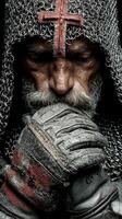 Medieval knight praying in chainmail armor with a cross on his hood during a solemn moment of reflection photo