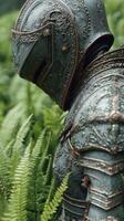 Detailed knight armor amidst lush ferns in a vibrant forest setting during daylight photo