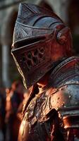 Warrior in ornate armor stands in twilight, showcasing intricate details and powerful presence at an ancient castle location photo