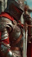 Intricate armored knight holding a sword, showcasing detailed craftsmanship in a historical setting during daylight photo