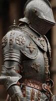 Intricate medieval knight armor displayed in a historical setting with remarkable detailing and craftsmanship photo