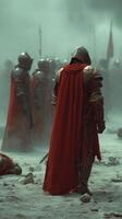 Knights in battle-ready armor gather under a hazy sky after a fierce conflict during medieval times photo