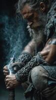 Warrior preparing weapon while lightning strikes in a mystical forest setting during twilight photo