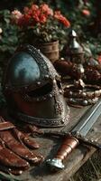 Ancient warrior gear displayed on rustic wooden table surrounded by greenery and flowers photo