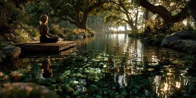 Peaceful meditation by a tranquil lake surrounded by lush greenery at dusk photo