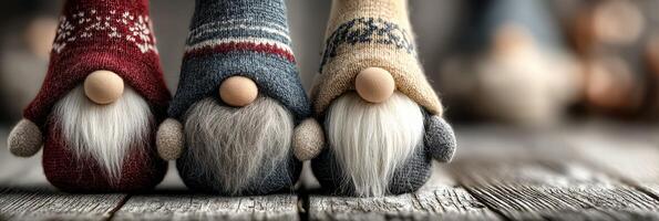 Three charming gnomes with festive hats display adorable expressions in a cozy indoor setting, creating a warm and inviting atmosphere photo