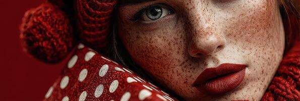 Close-up of a woman with freckles holding a red polka dot gift box in a festive winter setting photo