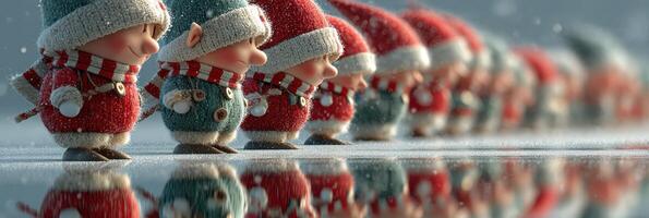 Winter festive scene with cheerful snow-covered elves standing in a winter wonderland photo